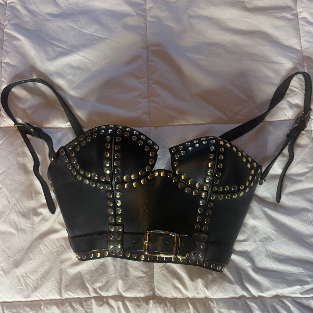 Studded gold  Black Leather Bustier fetish Top by Zane Bayne